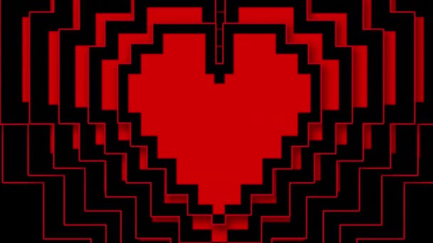 在黑色背景下 出现并消失了具有黑色轮廓的多像素红心动画 庆祝情人节 3D数字设计复合视频动画 — 图库视频影像