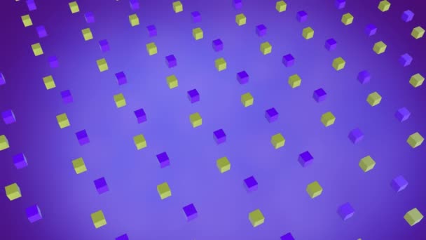 渐变紫色背景下3D黄紫色立方体形成的冷色彩几何设计模式 — 图库视频影像