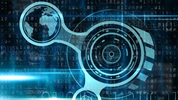 Animation de codage binaire, globe et traitement de données sur fond bleu foncé. Technologie globale Conception numérique 3D Animation vidéo composite .