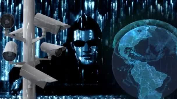 Animation Caméras Vidéosurveillance Déplaçant Avec Rotation Numérique Globe Bleu Pirate — Video