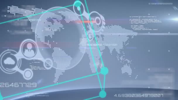 动画的数据处理和联系网络与蓝色轮廓的立方体移动 图标和世界地图的灰色背景 全球联网 — 图库视频影像