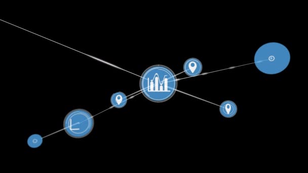 Animatie Van Gegevensverwerking Netwerk Van Verbindingen Met Grafiek Locatie Pictogrammen — Stockvideo