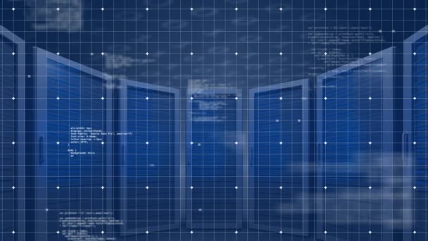 グリッド上のコンピュータプロセッサと青の背景と白でデータ処理のアニメーション ビジネスデータ技術 グローバルネットワーク研究開発コンセプト — ストック動画