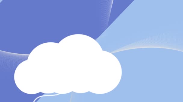 ぶら下がりメッセージ フォルダ 南京錠 スマートフォンやノートパソコンのアイコンと白い雲のアイコンのアニメーション斜め分割光と濃い青の背景 — ストック動画