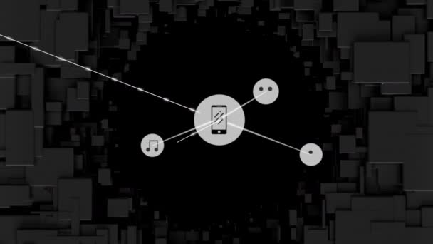 黒のタイルの背景にスマートフォンや音楽アイコンとの接続のデータ処理とネットワークのアニメーション グローバル ネットワーキング3Dデジタルデザイン複合ビデオアニメーション — ストック動画