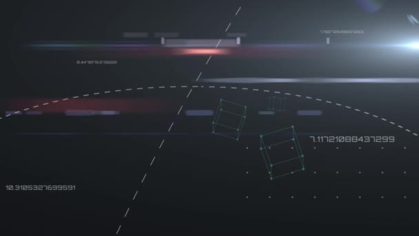 Animation de trajectoire en pointillés mobiles, cubes 3D et traitement de données sur fond noir brillant. La science mondiale. Animation vidéo composite de conception numérique 3D .
