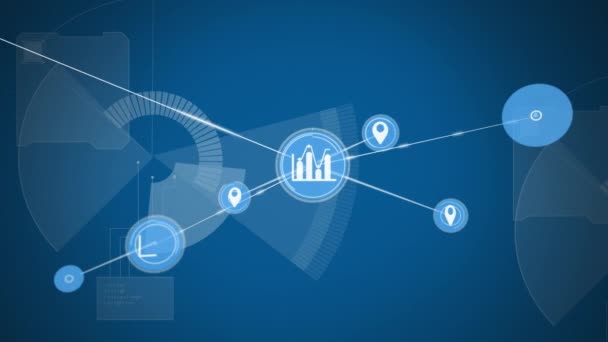 Animation du traitement des données et du réseau de connexions avec des icônes graphiques et de localisation sur fond bleu. Réseau mondial. Animation vidéo composite de conception numérique 3D .