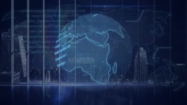 Animation de traitement de données et tournage du globe avec grille sur fond bleu foncé animation vidéo composite de conception numérique 3D .
