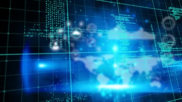 Animation du traitement des données avec réseau de connexions de personnes floues icônes et carte du monde sur fond bleu lumineux. Technologie des données d'entreprise concept mondial de recherche et développement en réseau .