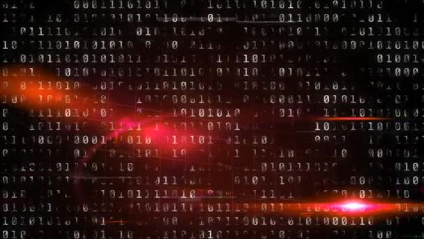Animation de codage binaire et traitement de données avec lueur rouge et scintillement des lignes horizontales sur fond noir. Réseau mondial 3D numérique design composite animation vidéo .