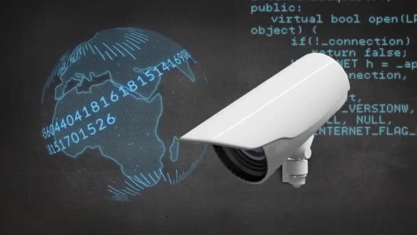 Анимация Камеры Видеонаблюдения Вращающейся Вокруг Цифрового Голубого Шара Обработки Данных — стоковое видео