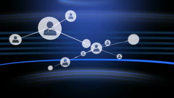 青の背景に人のアイコンと青の水平線との接続のデータ処理とネットワークのアニメーション グローバルネットワーク — ストック動画