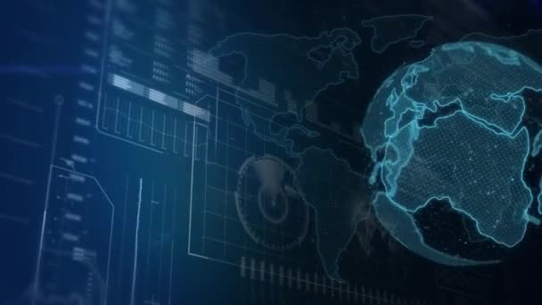 Animation du traitement des données et du globe filant sur fond bleu foncé Animation vidéo composite de conception numérique 3D .
