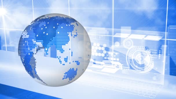 Animation du traitement des données et du globe filant avec ciel et nuages en arrière-plan animation vidéo composite de conception numérique 3D .