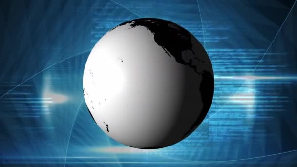 在蓝色背景上旋转黑白地球仪的数据处理动画 业务数据技术全球网络研究与开发概念 — 图库视频影像