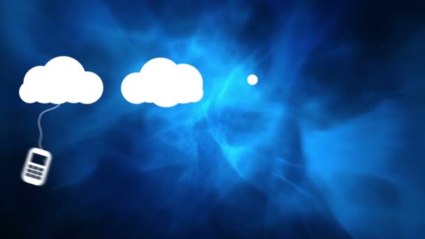 危険なコンピュータ スマートフォン ノートパソコンやダークブルーの背景にタブレットコンピュータのアイコンと4つの白い雲のアイコンのアニメーション — ストック動画