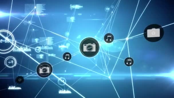 Animation Data Processing Network Connections Camera Music Icons Blue Background — Stock Video