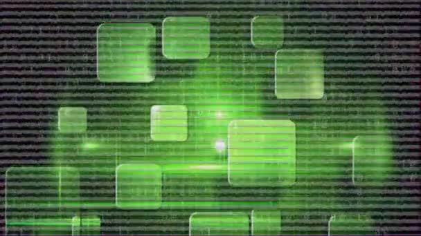 在绿色地球前面的黑色背景上 闪烁着绿色方块的线条的动画 全球联网 3D数字设计复合视频动画 — 图库视频影像