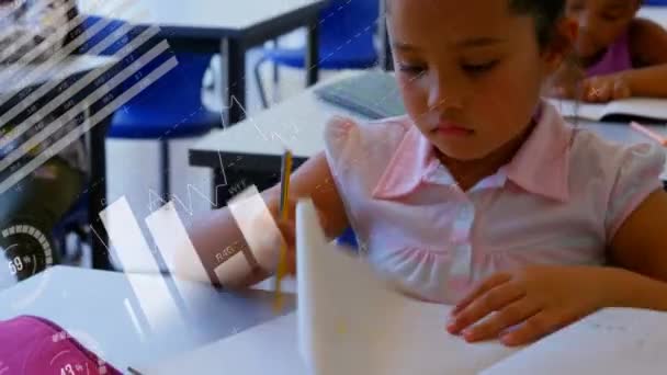 Animering Multietniska Grupper Skolbarn Som Skriver Och Använder Skolböcker Skolan — Stockvideo