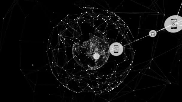 Animation Data Processing Network Connections Smartphone Music Icons Black Background — 비디오