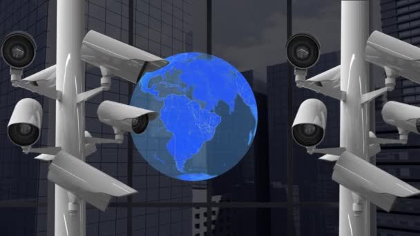 Animation Cctv Cameras Moving Digital Blue Globe Spinning Cityscape Modern — Stock Video