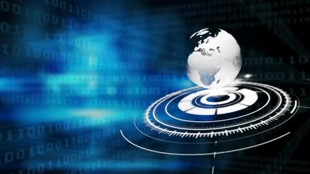 Animation de traitement de données, codage binaire et rotation du globe avec lueur sur fond bleu animation vidéo composite de conception numérique 3D .