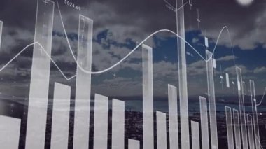 İş grafikleri ve finansal istatistiklerle veri işleme animasyonu. Arka planda mavi gökyüzünde bulutlar var.. 