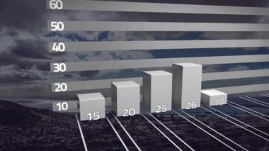 İş grafikleri ve finansal istatistiklerle veri işleme animasyonları. Kırmızı ok, arka planda mavi gökyüzünde bulutlar olan şehir manzarasını işaret ediyor..