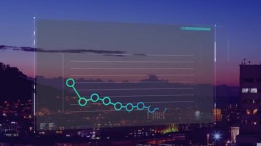 İş grafikleri ve finansal istatistikler ile veri işleme animasyonu gün batımında şehir manzarası üzerinde arkaplanda mavi gökyüzü bulutları ile.