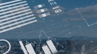 İş grafikleri ve finansal istatistikler ile veri işleme animasyonu gün batımında şehir manzarası üzerinde arkaplanda mavi gökyüzü bulutları ile. 
