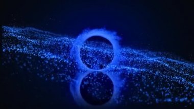 Mavi kıvılcımlardan oluşan kıvılcımlar yanıp sönen çoklu mavi parçacıkların karanlık mavi arka planda yavaşça yayılışının animasyonu. Sihirli parıldayan ışık kompozisyonu.