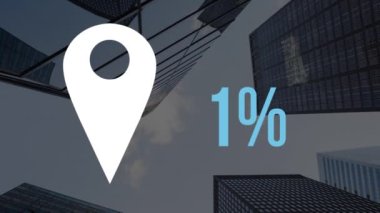 Mavi ve yüzde yetmişdokuzdan sıfıra yükselen beyaz harita konum lokasyonu animasyonu. Arka planda mavi gökyüzünde modern ofis binaları var..