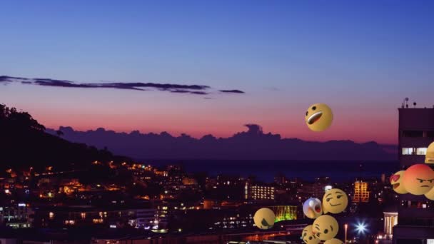 Animation Group Multiple Emoji Icons Flying Right Left Cityscape Sunset — Stock Video