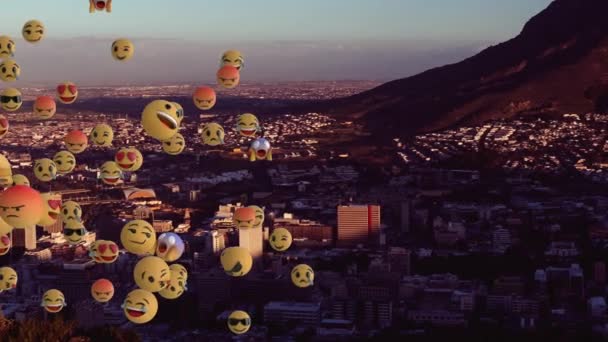 Animation Group Multiple Emoji Icons Flying Left Right Cityscape Clouds — Stock Video