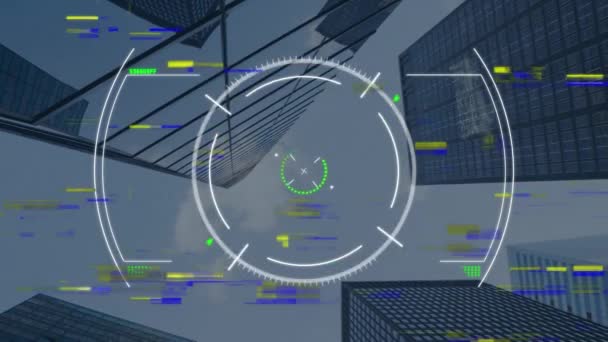 Animáció Adatfeldolgozás Távcsövek Szkennelés Digitális Információk Mozgó Városkép Modern Irodaházak — Stock videók
