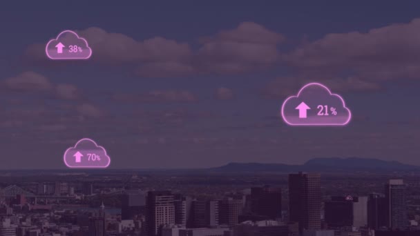 Анімація Рожевих Хмар Відсотком Зростає Від Нуля Сотні Над Міським — стокове відео
