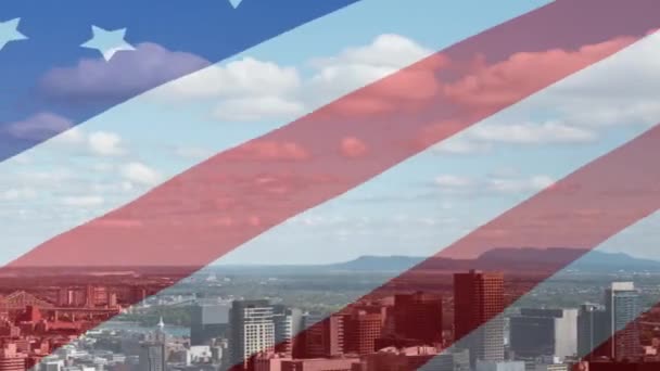 Animation Waving American Flag Front Modern Cityscape Sunny Day Clouds — Stock Video