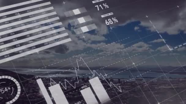 背景には青空を背景に雲が立ち並ぶ街並みに関するビジネスグラフや財務統計を用いたデータ処理のアニメーション — ストック動画