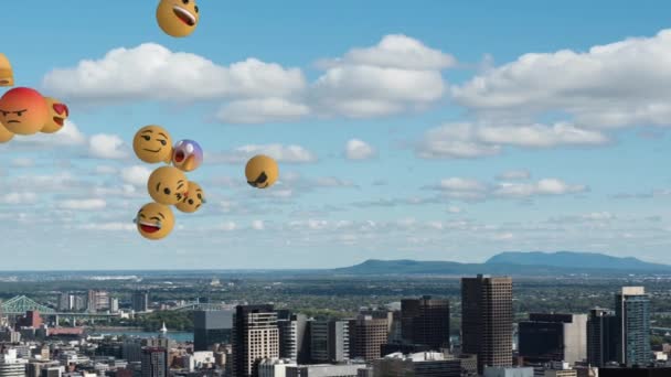 Animation Group Multiple Emoji Icons Flying Left Right Cityscape Clouds — Stock Video