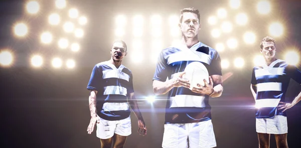Rugby Spelers Tegen Digitaal Gegenereerd Beeld Van Schijnwerpers — Stockfoto