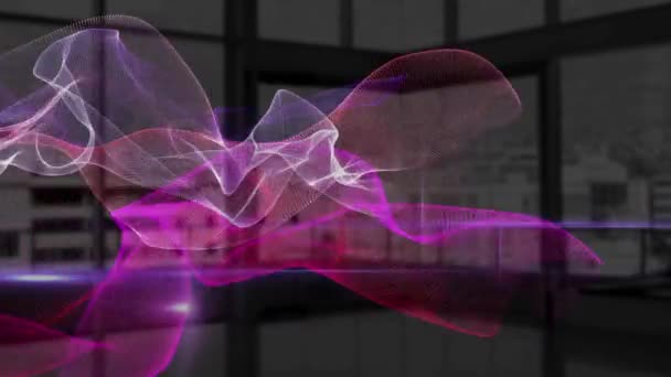 用紫色和粉色网状信息与焦虑不安的现代办公室背景下的信息处理动画 — 图库视频影像