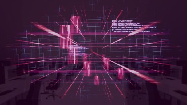 Animation du traitement des données et des éléments se déplaçant avec un bureau moderne hors foyer sur fond rose . 