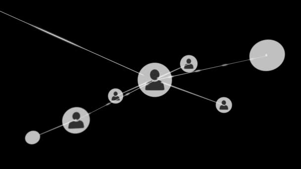 Animation d'un réseau mobile de connexions et de points de partage avec des icônes de personnes grises sur un fond noir. Réseau mondial. Animation vidéo composite de conception numérique 3D .