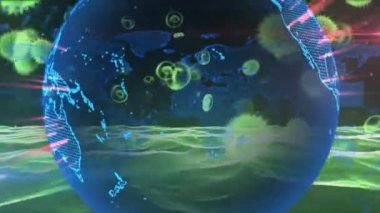 Yeşil makro korona virüsünün yayılması ve yüzen mavi dünyanın dönmesi ve arka planda uçan bilgi dalgaları. Küresel sağlık uyarısı enfeksiyon kavramını yayıyor dijital bileşik.