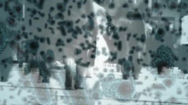 Makro korona virüsünün animasyonu ve bakterilerin yayılması ve şehirde yoğun bir sokakta arka planda ağır çekimde yürüyen insanlarla birlikte yüzmesi. Küresel sağlık uyarısı enfeksiyon kavramını yayıyor dijital bileşik.