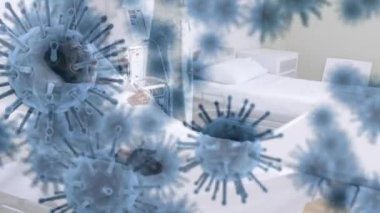 Arka planda yatan hasta bir kadınla yayılan ve yüzen mavi makro korona virüsünün animasyonu. 