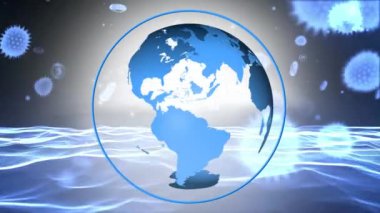 Mavi makro korona virüsünün animasyonu yayılıyor ve havada süzülüyor mavi küre dönüyor ve arka planda uçan bilgi dalgaları. Küresel sağlık uyarısı enfeksiyon kavramını yayıyor dijital bileşik.