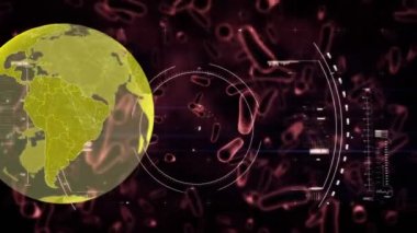 Mikroskop altında yayılan ve yüzen yeşil makro korona virüsü animasyonu mikroskop taraması ve arka planda dönen sarı küre. Küresel sağlık uyarısı enfeksiyon kavramını yayıyor dijital bileşik.