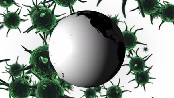 绿色宏观日冕病毒在绿色地球旋转背景下传播和漂浮的动画 — 图库视频影像