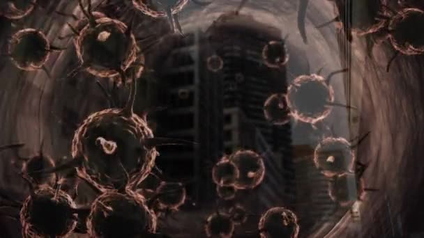 背景の街並とともに広がり浮遊する褐色マクロコロナウイルスのアニメーション — ストック動画
